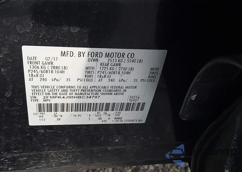 2017 Ford Edge Sel z USA, uszkodzony, nr VIN 2FMPK4J95HBC34797